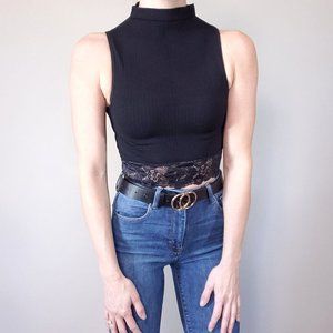 Shasa High Mock Neck Ribbed Black Crop Top